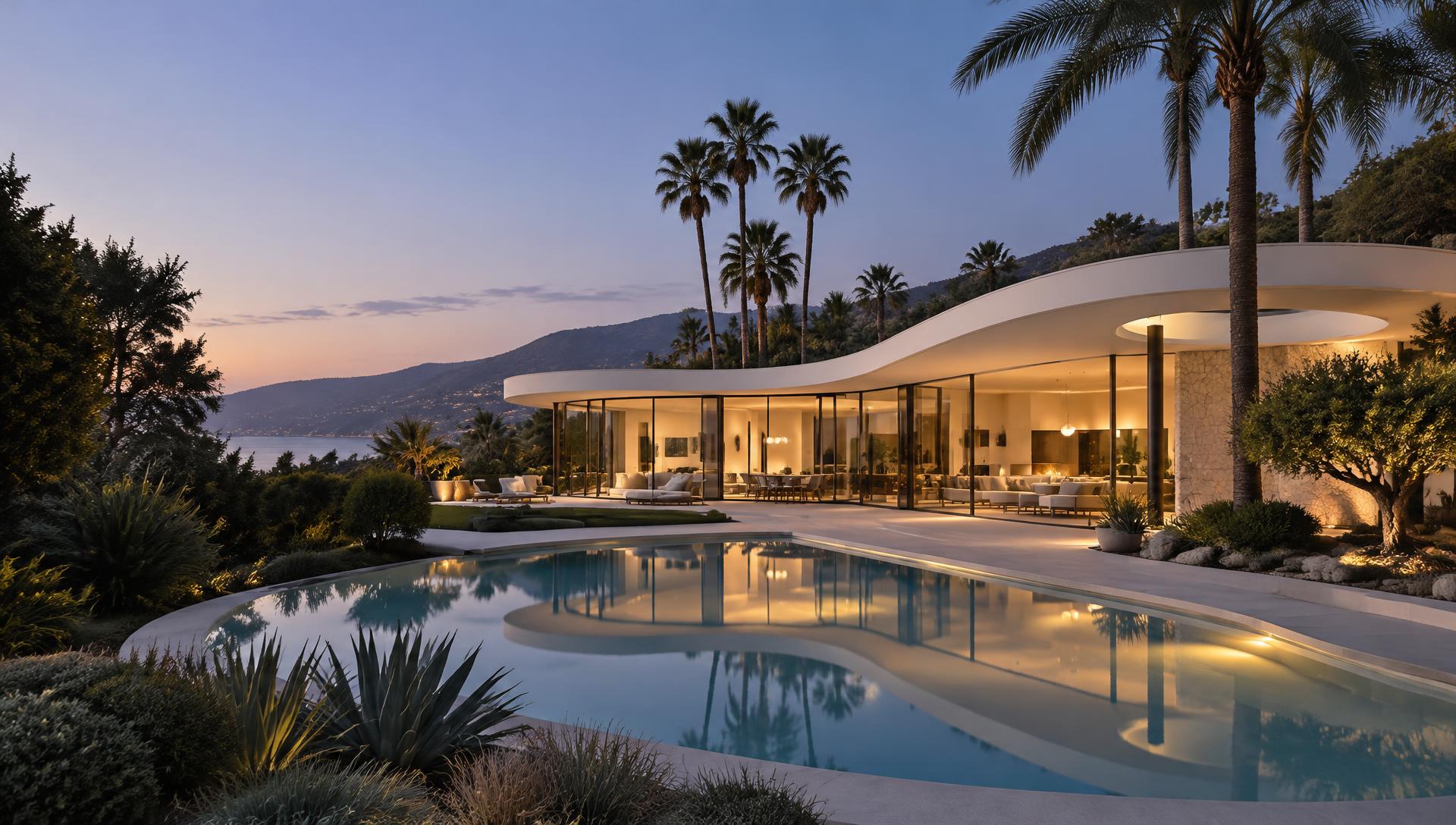 California architectural home with curved rooflines and a reflecting pool, in black and white